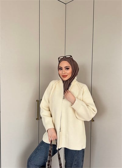 Hira Fermuarlı Hırka - Bej