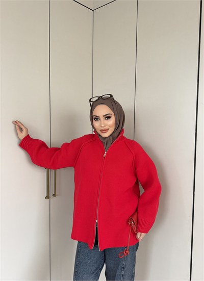 Hira Fermuarlı Hırka - Kırmızı