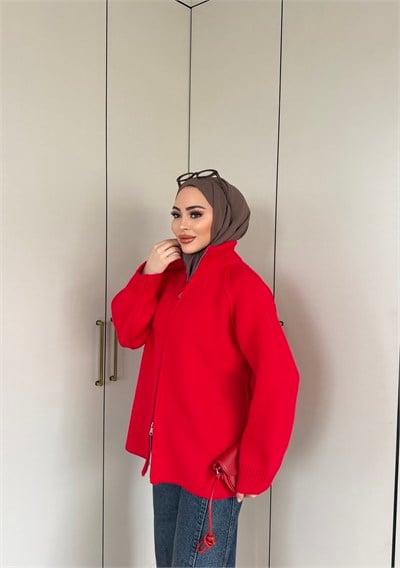 Hira Fermuarlı Hırka - Kırmızı
