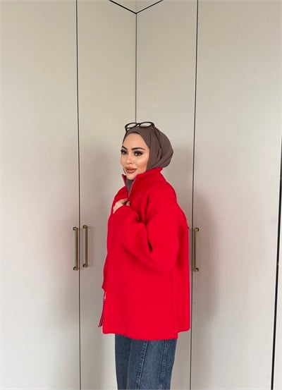Hira Fermuarlı Hırka - Kırmızı