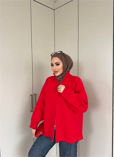 Hira Fermuarlı Hırka - Kırmızı