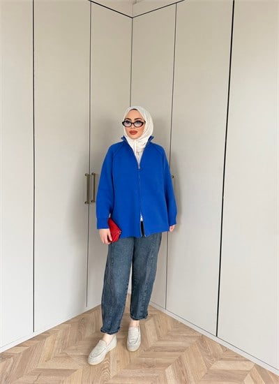 Hira Fermuarlı Hırka - Saks