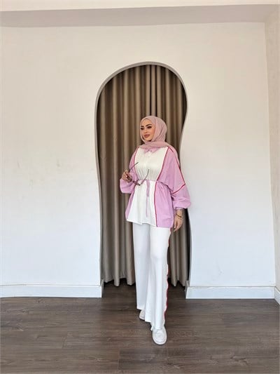 Kenna Çizgili Gömlek Takım - Pembe