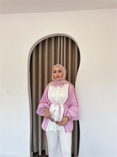 Kenna Çizgili Gömlek Takım - Pembe