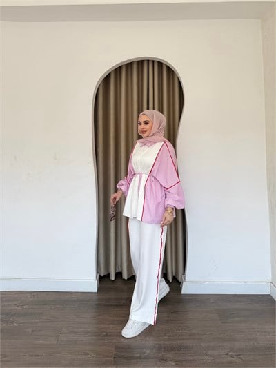 Kenna Çizgili Gömlek Takım - Pembe