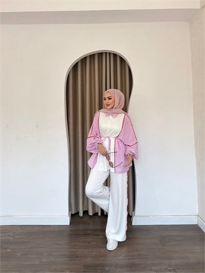 Kenna Çizgili Gömlek Takım - Pembe