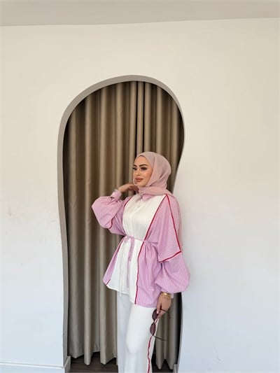 Kenna Çizgili Gömlek Takım - Pembe