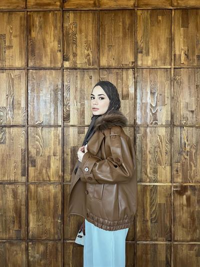 Kürk Detaylı Deri Ceket - Camel