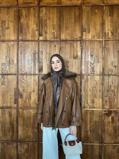 Kürk Detaylı Deri Ceket - Camel