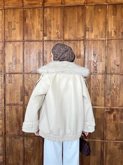 Kürk Detaylı Deri Ceket - Krem