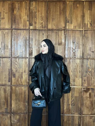 Kürk Detaylı Deri Ceket - Siyah