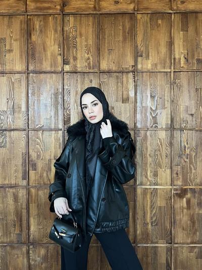 Kürk Detaylı Deri Ceket - Siyah