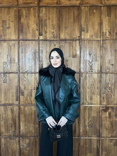 Kürk Detaylı Deri Ceket - Yeşil