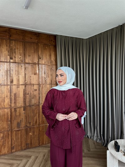 Leis Taşlı Modal Takım -Bordo