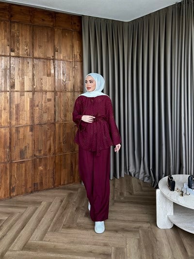 Leis Taşlı Modal Takım -Bordo