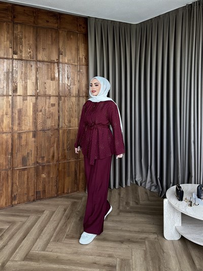 Leis Taşlı Modal Takım -Bordo