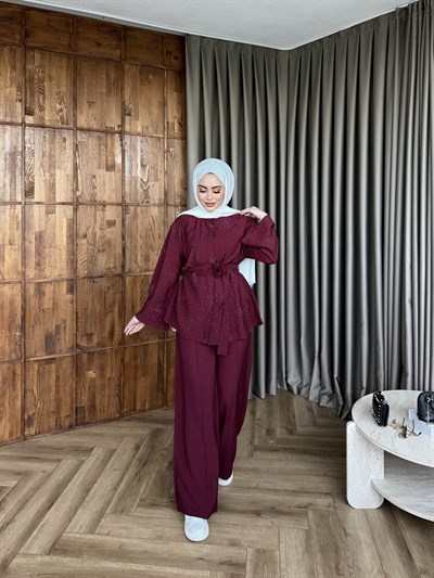 Leis Taşlı Modal Takım -Bordo