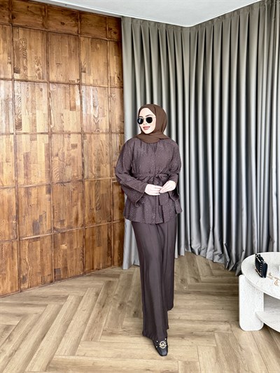 Leis Taşlı Modal Takım - Kahve