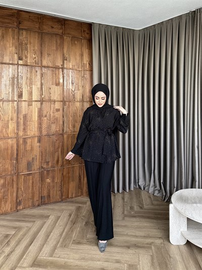 Leis Taşlı Modal Takım - Siyah