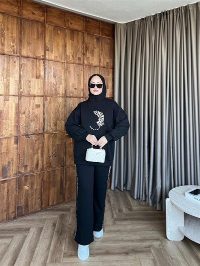 Leopar Pantolonlu Takım - Siyah