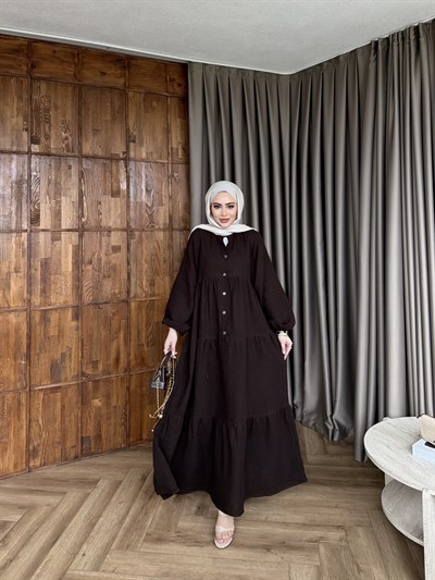 Leyla Düğmeli Müslin Elbise - Kahve