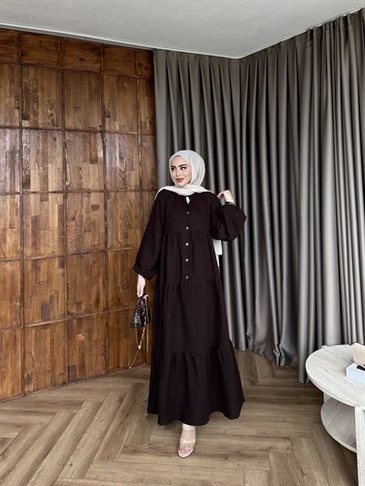 Leyla Düğmeli Müslin Elbise - Kahve
