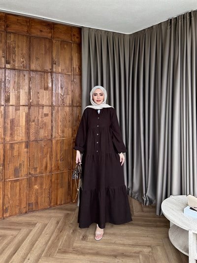 Leyla Düğmeli Müslin Elbise - Kahve
