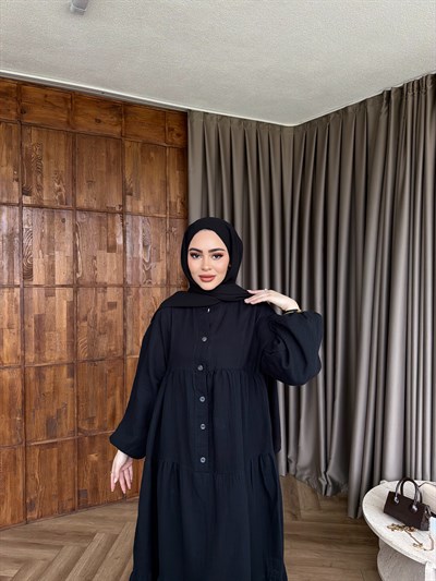 Leyla Düğmeli Müslin Elbise - Siyah