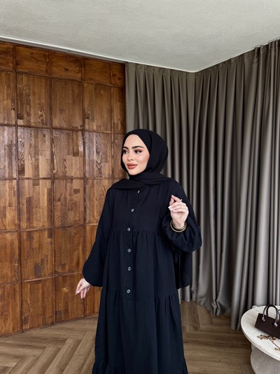 Leyla Düğmeli Müslin Elbise - Siyah