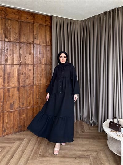 Leyla Düğmeli Müslin Elbise - Siyah