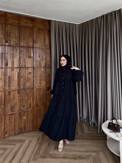 Leyla Düğmeli Müslin Elbise - Siyah