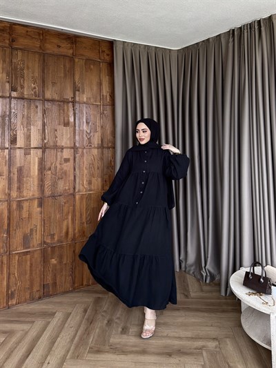 Leyla Düğmeli Müslin Elbise - Siyah