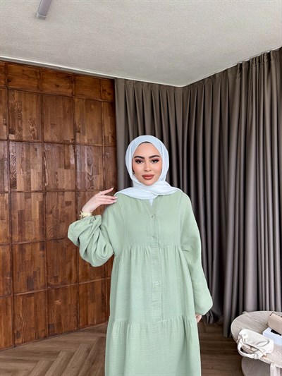 Leyla Düğmeli Müslin Elbise - Yeşil