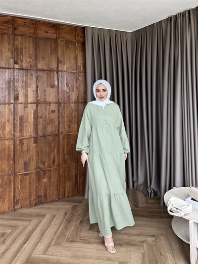 Leyla Düğmeli Müslin Elbise - Yeşil