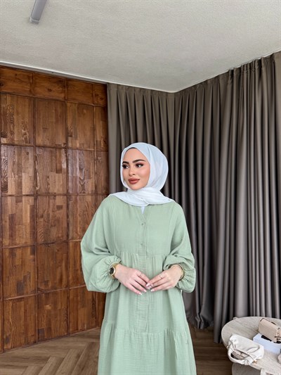 Leyla Düğmeli Müslin Elbise - Yeşil