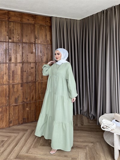 Leyla Düğmeli Müslin Elbise - Yeşil