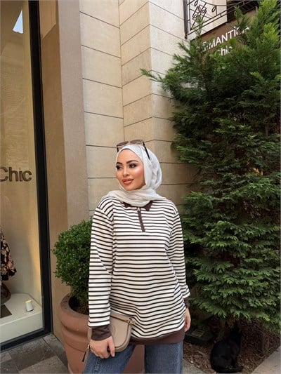 Lisa Çizgili Ön Fermuarlı Tunik - Kahve