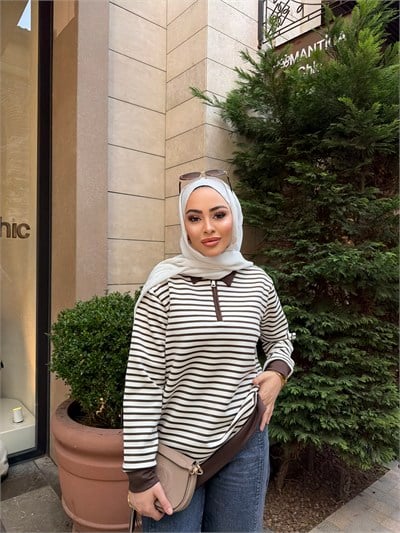 Lisa Çizgili Ön Fermuarlı Tunik - Kahve