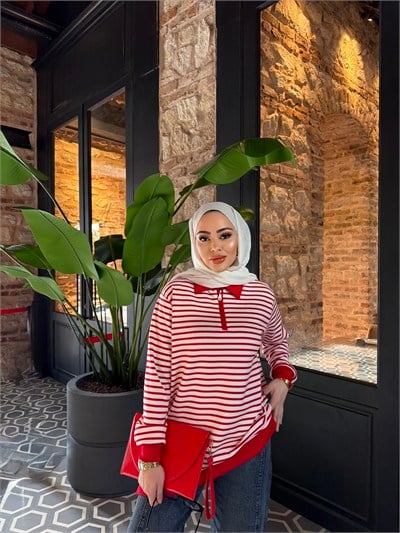Lisa Çizgili Ön Fermuarlı Tunik - Kırmızı