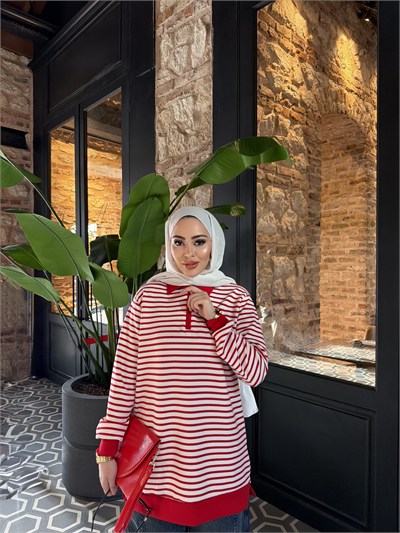 Lisa Çizgili Ön Fermuarlı Tunik - Kırmızı