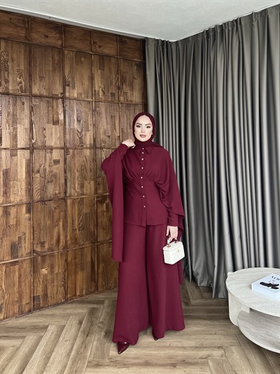 Merve Önü Düğmeli Takım - Bordo
