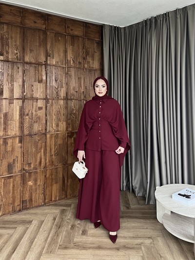 Merve Önü Düğmeli Takım - Bordo
