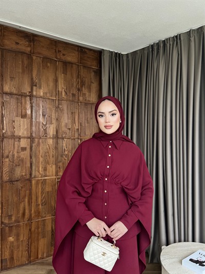 Merve Önü Düğmeli Takım - Bordo