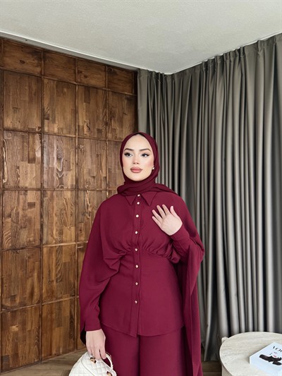 Merve Önü Düğmeli Takım - Bordo