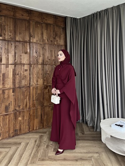 Merve Önü Düğmeli Takım - Bordo