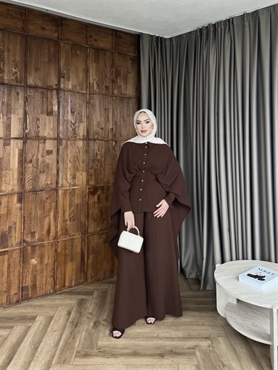 Merve Önü Düğmeli Takım - Kahve