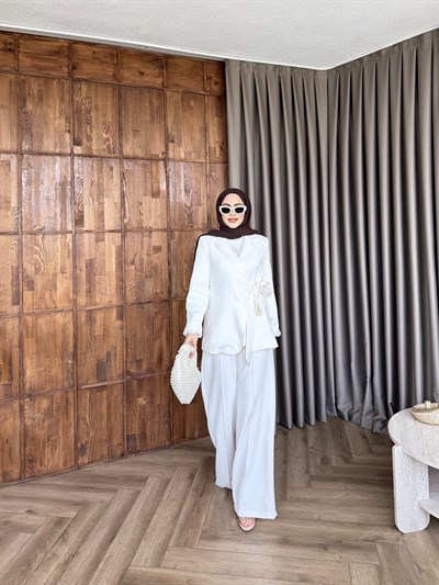 Meryem yan kemerli Takım - Krem