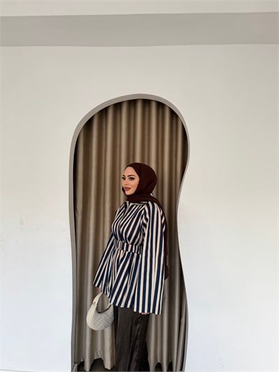 Meva Çizgili Ceket - Mavi