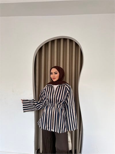 Meva Çizgili Ceket - Mavi
