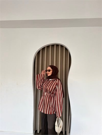 Meva Çizgili Ceket - Oranj